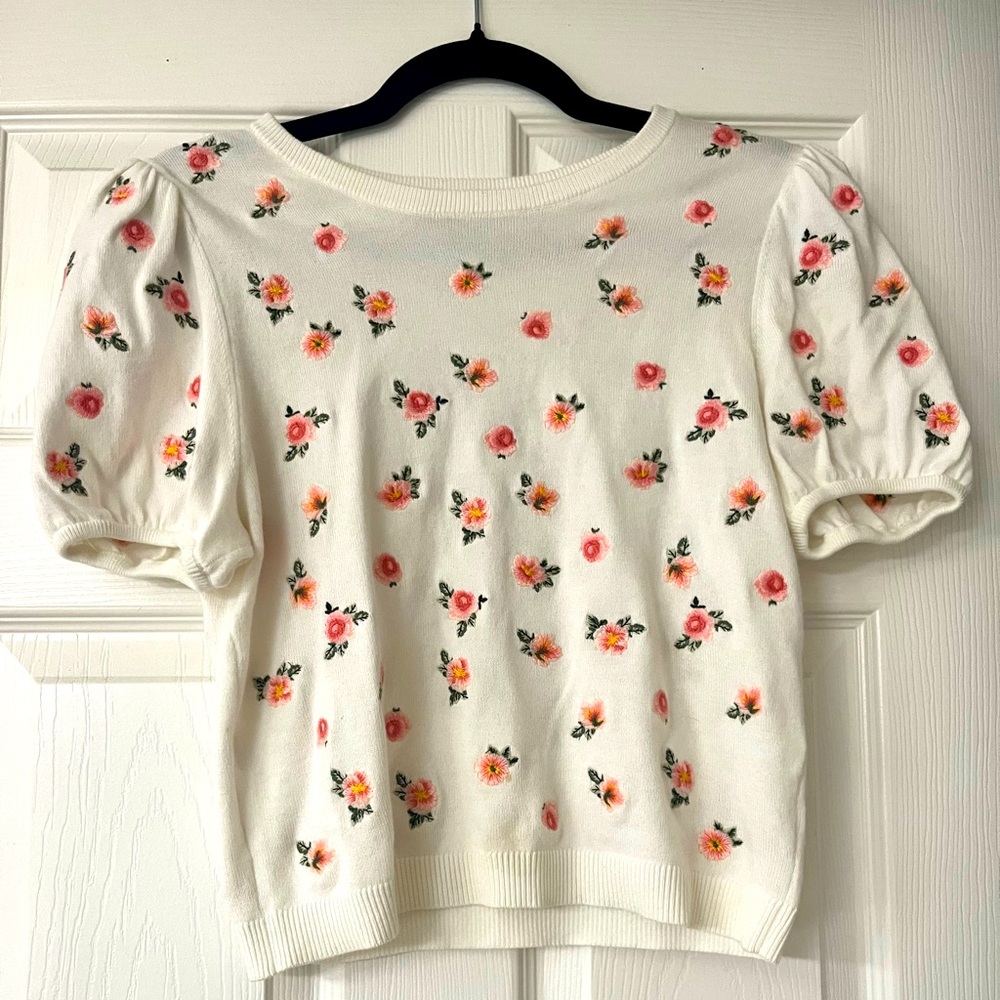 NWT Alice + Olivia Risa Embroidered Puff Sleeve Pullover
